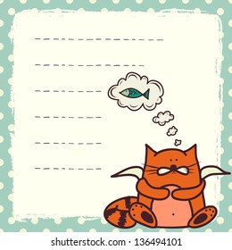 Card or note template with cute doodle cartoon red cat, thinking about fish. Hand drawn vector illustration.