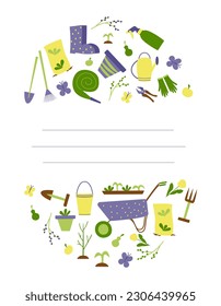 Card for notes with gardening design elements. Gradening template banner, flyer, greeting card.  Hand drawn vector illustration. 