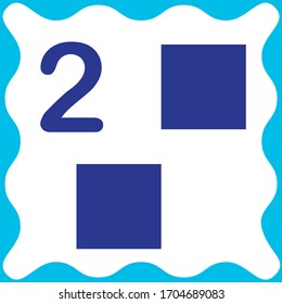 Card number 2 (two) and square. Learning numbers and geometric shapes, mathematics. Game for children. Vector illustration.