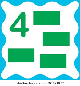 Card number 4 (four) and rectangle. Learning numbers and geometric shapes, mathematics. Game for children. Vector illustration.