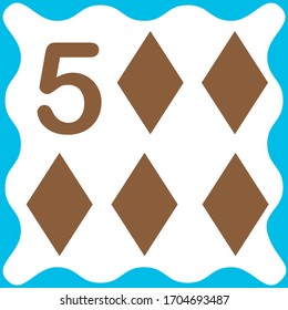 Card number 5 (five) and rhombus. Learning numbers and geometric shapes, mathematics. Game for children. Vector illustration.