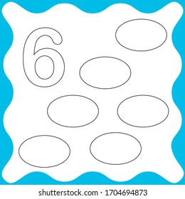 Card number 6 (six) and oval. Learning numbers and geometric shapes, mathematics. Game for children. Vector illustration.