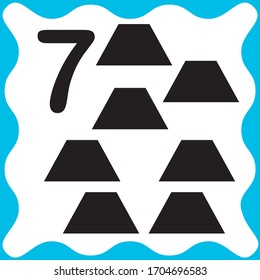 Card number 7 (seven) and trapeze. Learning numbers and geometric shapes, mathematics. Game for children. Vector illustration.