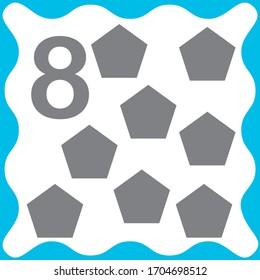 Card number 8 (eight) and pentagon. Learning numbers and geometric shapes, mathematics. Game for children. Vector illustration.