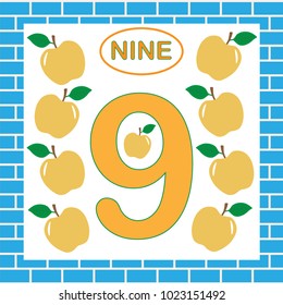 Card with number 9 (nine). Learning numbers, mathematics