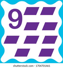 Tarjeta número 9 (nueve) y paralelogramo. Números de aprendizaje y formas geométricas, matemáticas. Juego para niños. Ilustración vectorial.