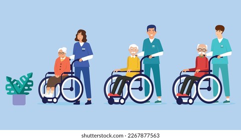 Card with nurses and old patients in wheelchairs. Vector illustration. 