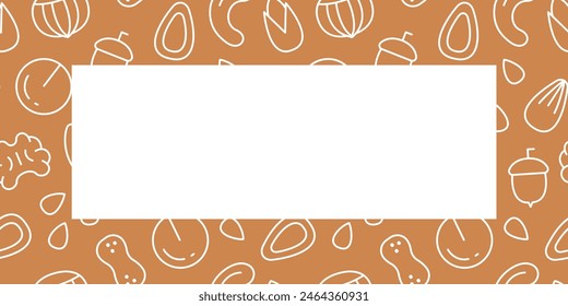 Card with nuts and seeds. Nut food banner with Peanuts, Pistachios, Almonds, Hazelnuts, Pecans, Cashews. Healthy hand drawn snack collection for promotion, logo, icon design. Vector illustration
