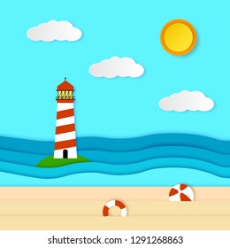 Card with ocean, lighthouse, sun, clouds and beach. Vector illustration in  paper art  style