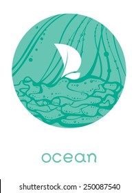 Card with ocean or sea waves and sail in vector on white background.