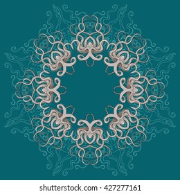 Card with octopus circular ornament. Round Pattern Mandala with feelers. Floral round pattern for the greeting card or invitation, template frame card design, vector illustration.