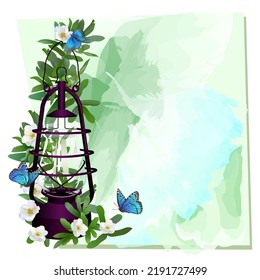 card with old gas lamp flowers, leaves and butterflies on a watercolor background