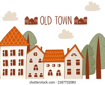 Card with old town and trees