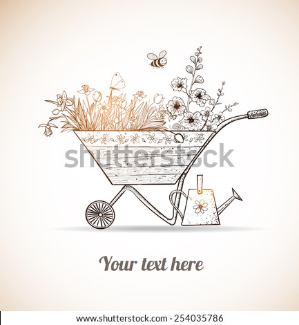 Card with old wooden garden cart full of spring flowers and little watering can under it.