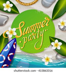 card on the beach. creative graphic poster for your design. beach with sand as background. Creative label  on the beach with summer tropical green leaves. surfboard on the beach with color pattern