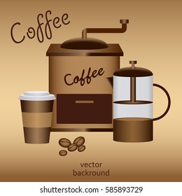 card on coffee beans coffee mill, french press, cup of coffee, vector illustration