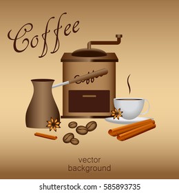 card on coffee beans coffee mill, a Turk, a cup, cinnamon, anise, vector illustration