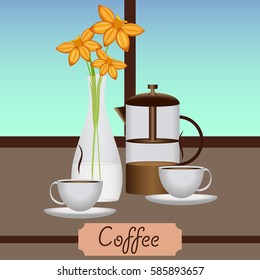 card on coffee, breakfast, french press, cup, flowers in a vase on the table, vector illustration