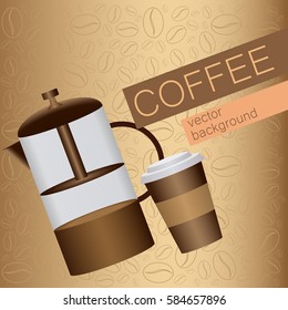 card on the coffee theme, two cups of coffee, coffee beans, french press