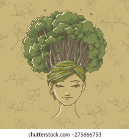 Card on environmental issues. We are is where we live. Woman save the forest. Ukraine