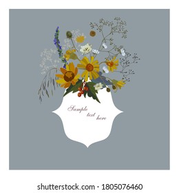 card on a gray background with a bouquet of wildflowers and an openwork frame