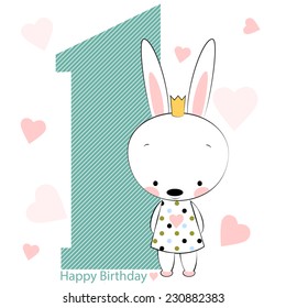 Card on happy birthday with bunny girl. Vector illustration