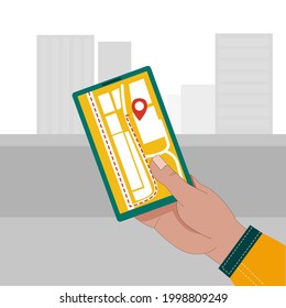 The card is on the phone screen in your hand. On the background of a gray city. Vector graphics