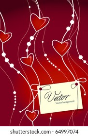 card on a red claret passionate background with elements of glass hearts, a pearl beads and tapes going down on top and retaining a sheet of paper on bows