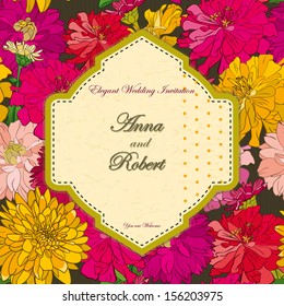 Card on Seamless floral wallpaper with hand-drawn flowers, brightly-colored on dark background 
