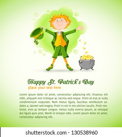 Card on St. Patrick's Day with cartoon leprechaun. Vector illustration.