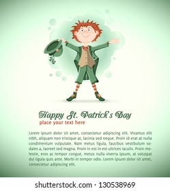 Card on St. Patrick's Day with cartoon leprechaun. Vector illustration.