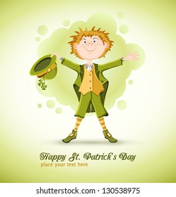 Card on St. Patrick's Day with cartoon leprechaun. Vector illustration.