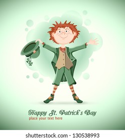 Card on St. Patrick's Day with cartoon leprechaun. Vector illustration.