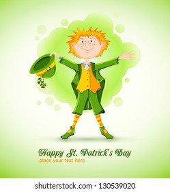 Card on St. Patrick's Day with cartoon leprechaun. Vector illustration.