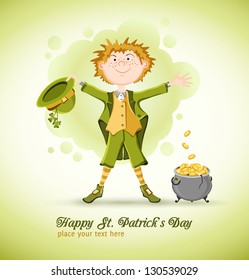 Card on St. Patrick's Day with cartoon leprechaun. Vector illustration.