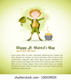 Card on St. Patrick's Day with cartoon leprechaun. Vector illustration.