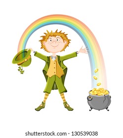 Card on St. Patrick's Day with cartoon leprechaun. Isolated on white background. Vector illustration.