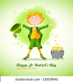 Card on St. Patrick's Day with cartoon leprechaun. Vector illustration.