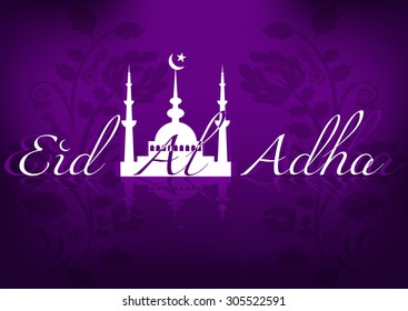 Card on violet for greeting with Islamic Feast of Sacrifice Eid al-Adha. Vector illustration
