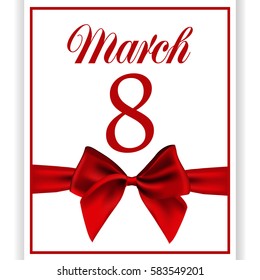 card on a white background with a red satin ribbon bow of the International Women's Day on 8 March