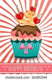Card with one cupcake with cherries, text Happy Birthday