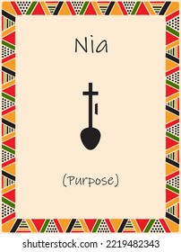 A card with one of the Kwanzaa principles. Symbol Nia means Purpose in Swahili. Poster with an ethnic African pattern in traditional colors. Vector illustration