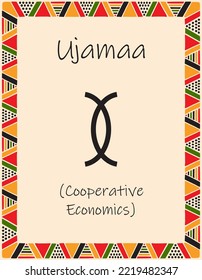 A card with one of the Kwanzaa principles. Symbol Ujamaa means Cooperative Economics in Swahili. Poster with an ethnic African pattern in traditional colors. Vector illustration