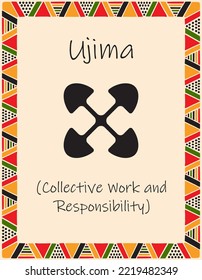 A card with one of the Kwanzaa principles. Symbol Ujiima means Collective work and responsibility in Swahili. Poster with an ethnic African pattern in traditional colors. Vector illustration