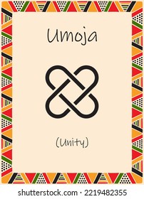 Una tarjeta con uno de los principios de Kwanzaa. Símbolo Umoja significa unidad en swahili. Afiche con un patrón étnico africano en colores tradicionales. Ilustración del vector