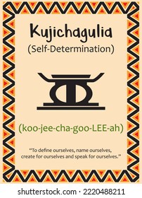 A card with one of the Kwanzaa principles. Symbol Kujichagulia means Self-determination in Swahili. Poster with sign and description. Ethnic African pattern in traditional colors. Vector illustration