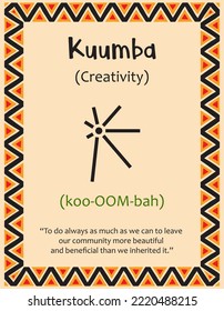 A card with one of the Kwanzaa principles. Symbol Kuumba means Creativity in Swahili. Poster with sign and description. Ethnic African pattern in traditional colors. Vector illustration