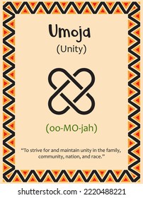 A card with one of the Kwanzaa principles. Symbol Umoja means Unity in Swahili. Poster with sign and description. Ethnic African pattern in traditional colors. Vector illustration