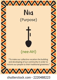 A card with one of the Kwanzaa principles. Symbol Nia means Purpose in Swahili. Poster with sign and description. Ethnic African pattern in traditional colors. Vector illustration