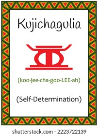 A card with one of the Kwanzaa principles. Symbol Kujichagulia means Self-determination in Swahili. Poster with an ethnic African pattern in traditional colors. Vector illustration